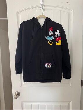 Disney Black Zip-Up Hoodie with Mickey & Minnie Embroidered Patch